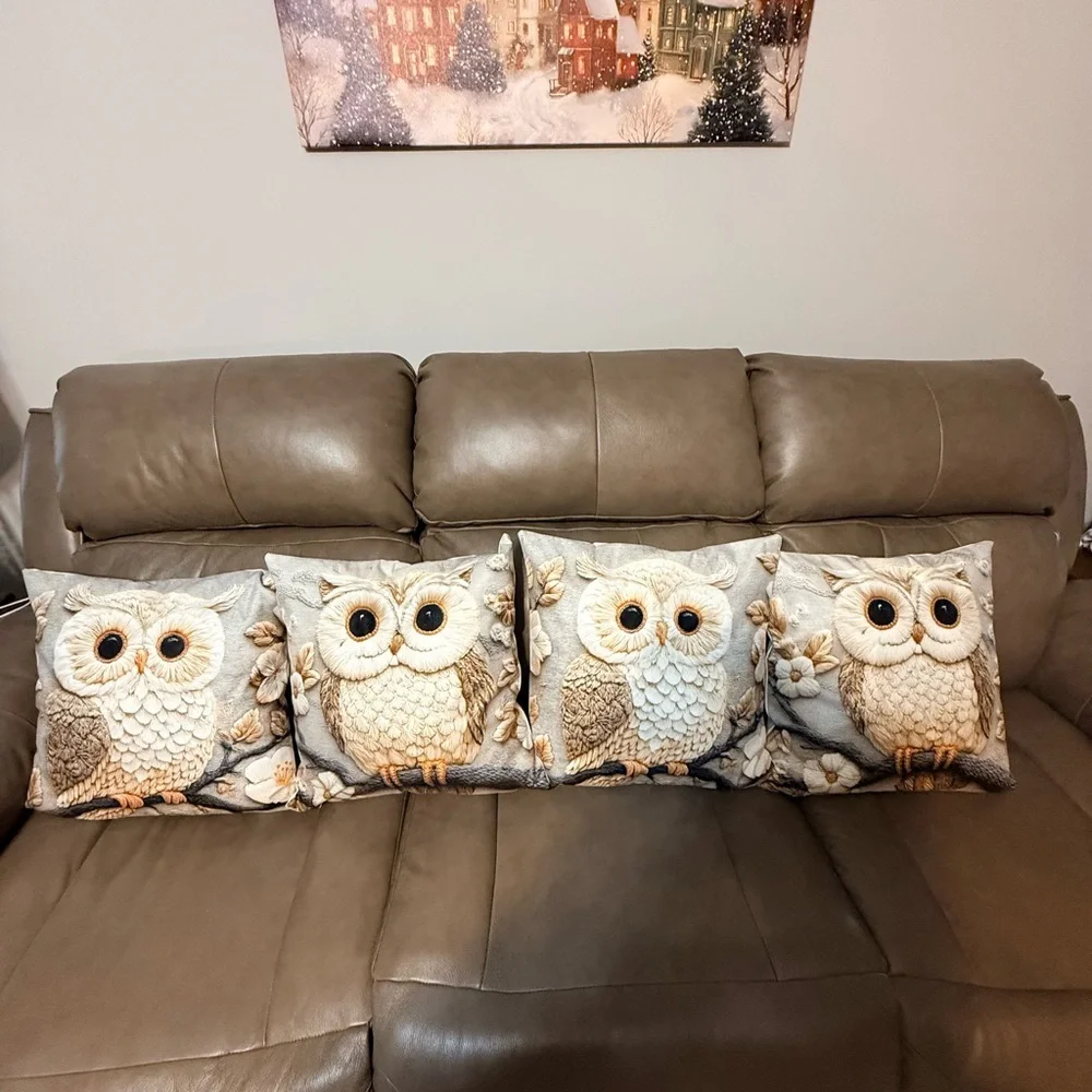 Four New Owl Embroidered Look  Throw Pillows 17” X 17”